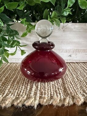 Vintage Ruby Red Hand Blown Perfume Bottle with Clear Glass Stopper❤️